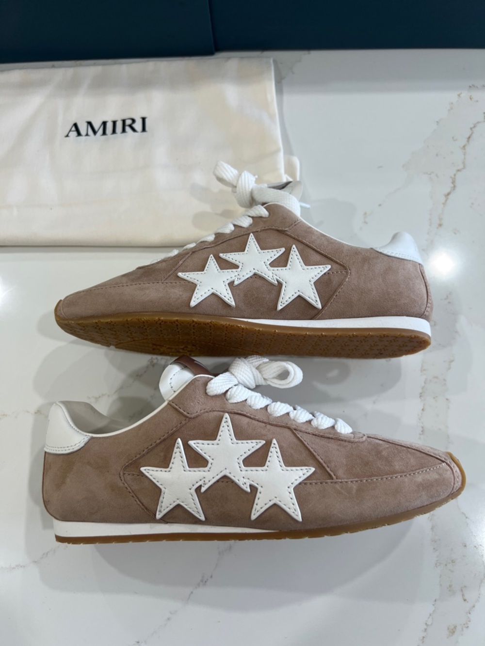 AMIRI Taupe Suede Sneakers with White Star Appliqués
